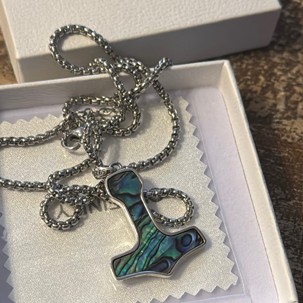 Silver Necklace with Thors Hammer Textured Pendant for Women and Men